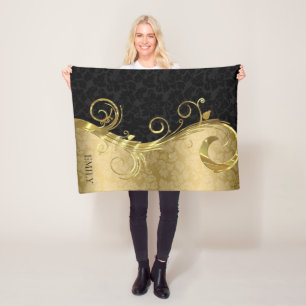 Elegant Black Damasks Gold Swirls Fleece Blanket