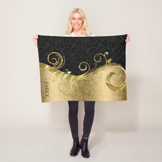 Elegant Black Damasks Gold Swirls Fleece Blanket (In Situ)