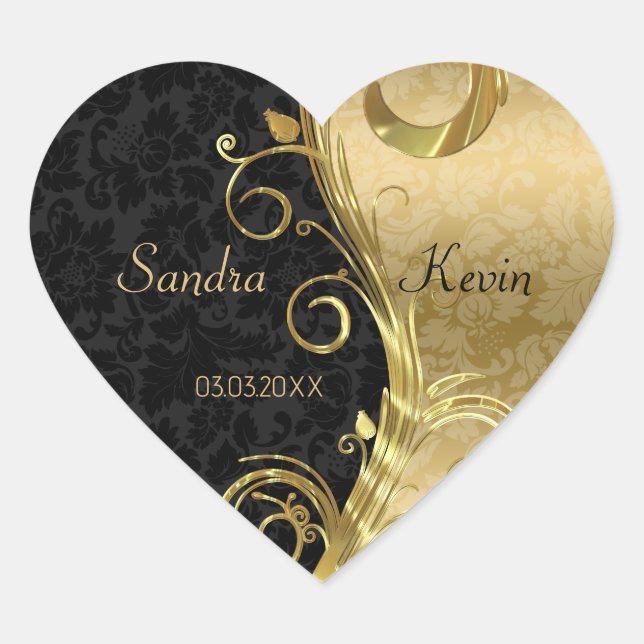Elegant Black Damasks Gold Swirls Heart Sticker (Front)