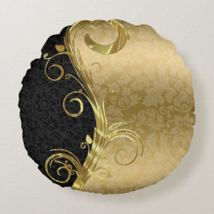 Elegant Black Damasks Gold Swirls Round Cushion