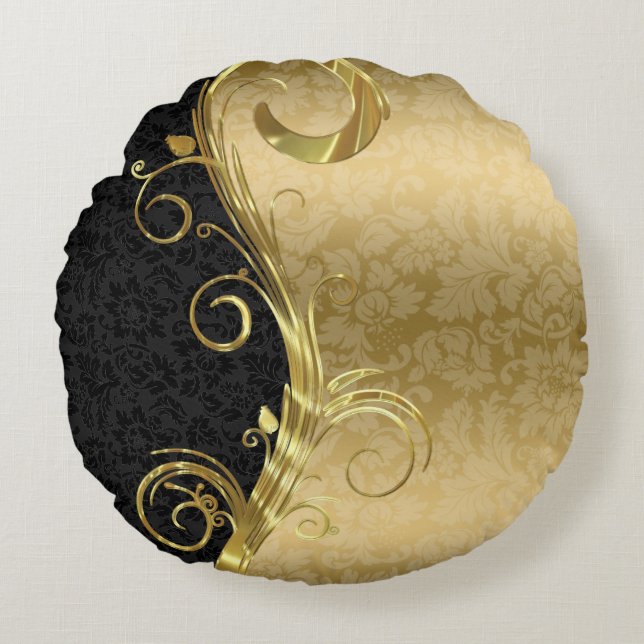 Elegant Black Damasks Gold Swirls Round Cushion (Front)