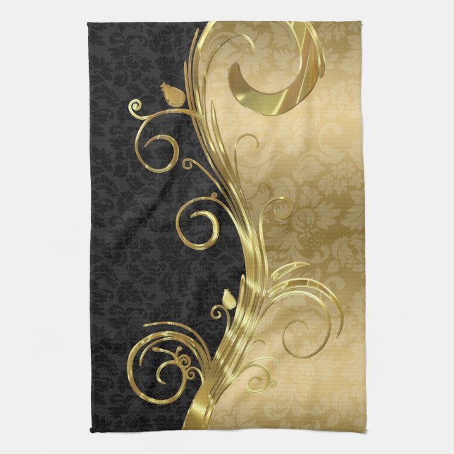 Elegant Black Damasks Gold Swirls Tea Towel (Vertical)