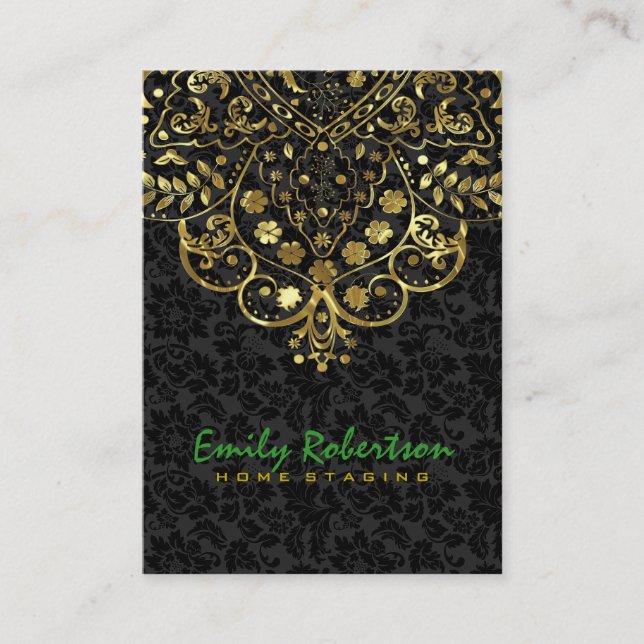 Elegant Black Damasks Gold Vintage Lace Business Card (Front)