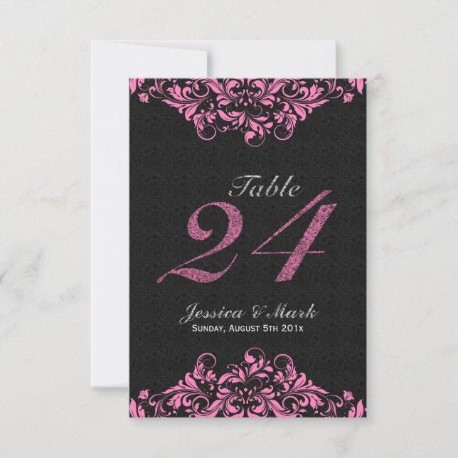 Elegant Black Damasks & Pink Floral Lace Invitation (Front)
