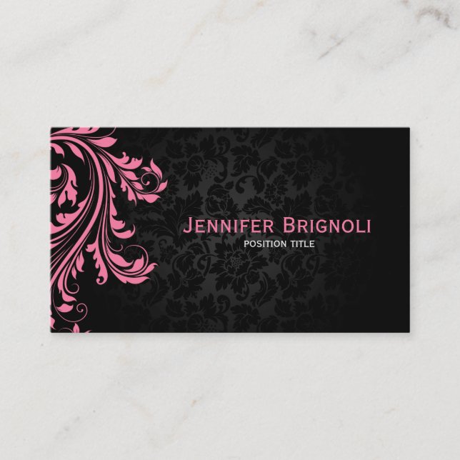 Elegant Black Damasks Pink Floral Swirl Business Card (Front)