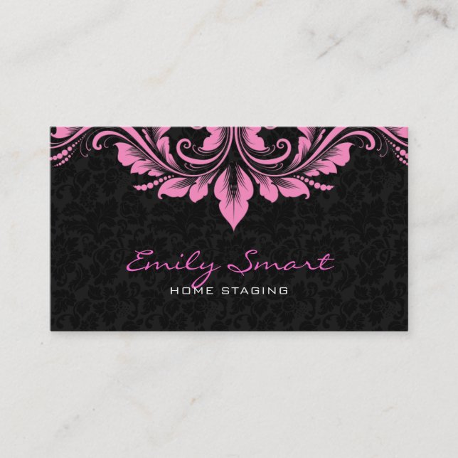 Elegant Black Damasks Pink Floral Swirls Business Card (Front)