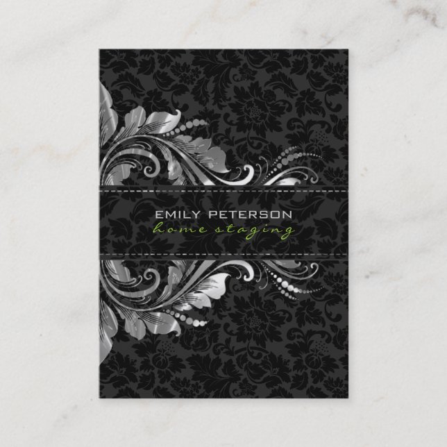 Elegant Black Damasks & Silver Floral Ornament Business Card (Front)
