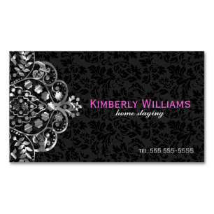 Elegant Black Damasks Silver Metallic Vintage Lace Magnetic Business Card