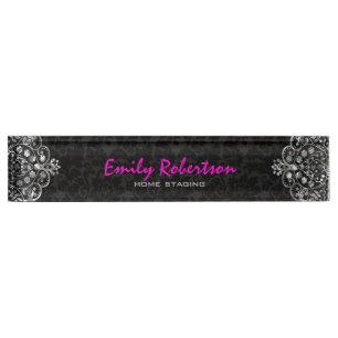 Elegant Black Damasks Silver Metallic Vintage Lace Nameplate