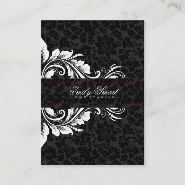 Elegant Black Damasks White Floral Ornament 2 Business Card (Front)