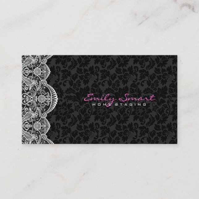 Elegant Black Damasks White Lace Business Card (Front)