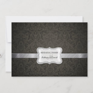 Elegant Black & Dark Grey Damask Rehearsal Dinner Invitation
