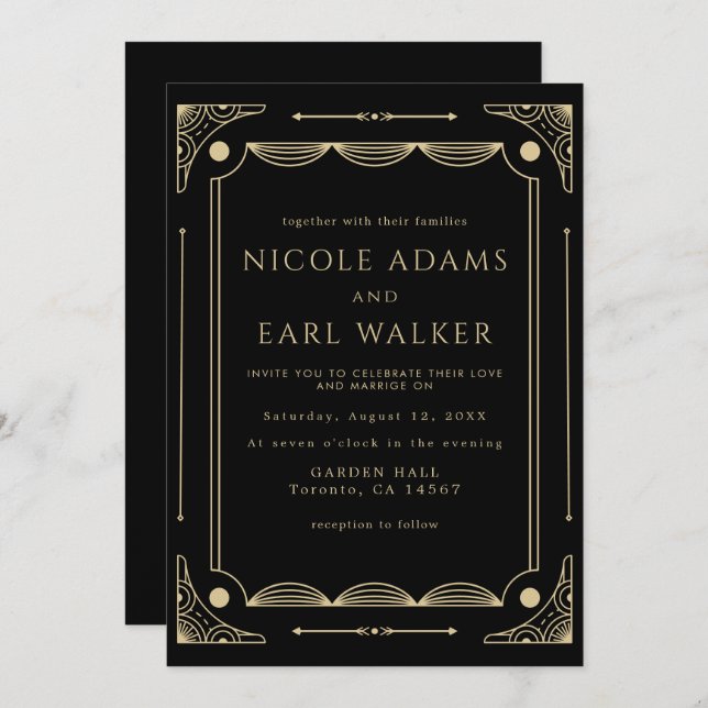 Elegant Black Deco Gold Wedding Invitation (Front/Back)