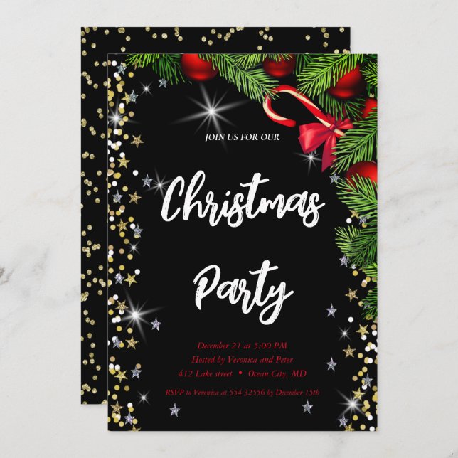 Elegant black, diamond, Christmas tree Invitation (Front/Back)