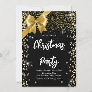 Elegant black, diamond, golden ribbon, confetti invitation