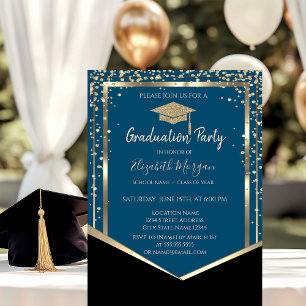Elegant Black,Diamonds Gold Grad Cap Graduation  Invitation