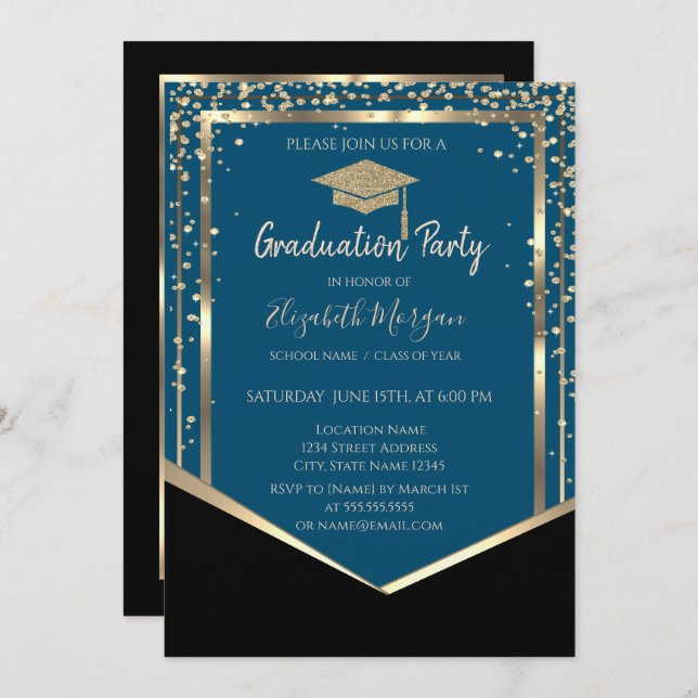 Elegant Black,Diamonds Gold Grad Cap Graduation  Invitation (Front/Back)