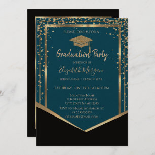 Elegant Black,Diamonds Gold Grad Cap Graduation Invitation