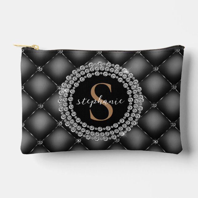 Elegant Black Diamonds Gold Monogram  Accessory Pouch (Front)