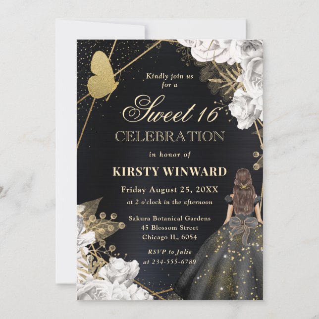 Elegant Black Dress Brunette Woman Floral Sweet 16 Invitation (Front)
