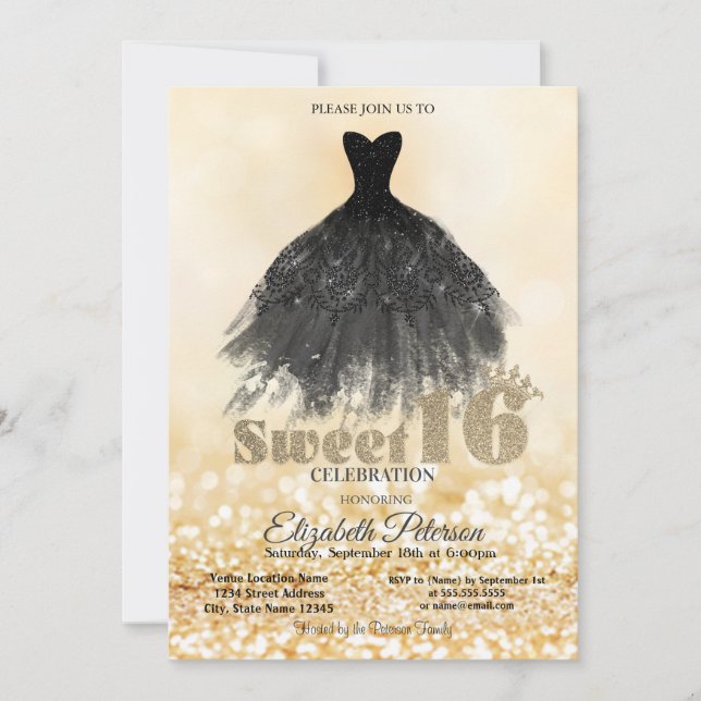 Elegant Black Dress Gold Bokeh Sweet 16 Party Invitation (Front)