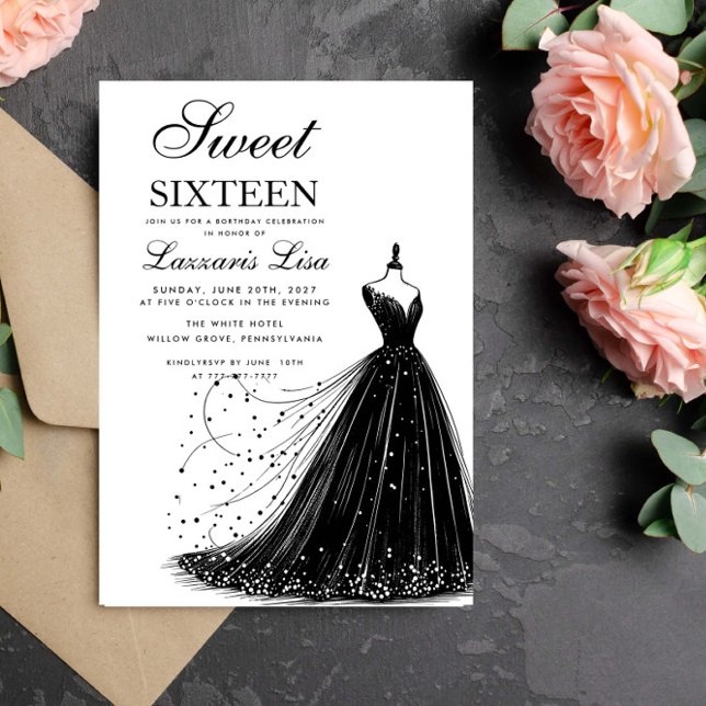 Elegant Black Dress White Sweet Sixteen Birthday Invitation (Creator Uploaded)