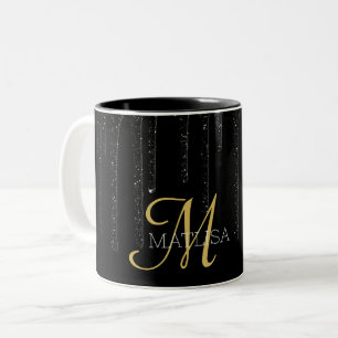 Elegant Black Dripping Glitter Monogram Name  Two-Tone Coffee Mug