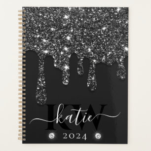 Elegant Black Dripping Glitter Monogram Planner