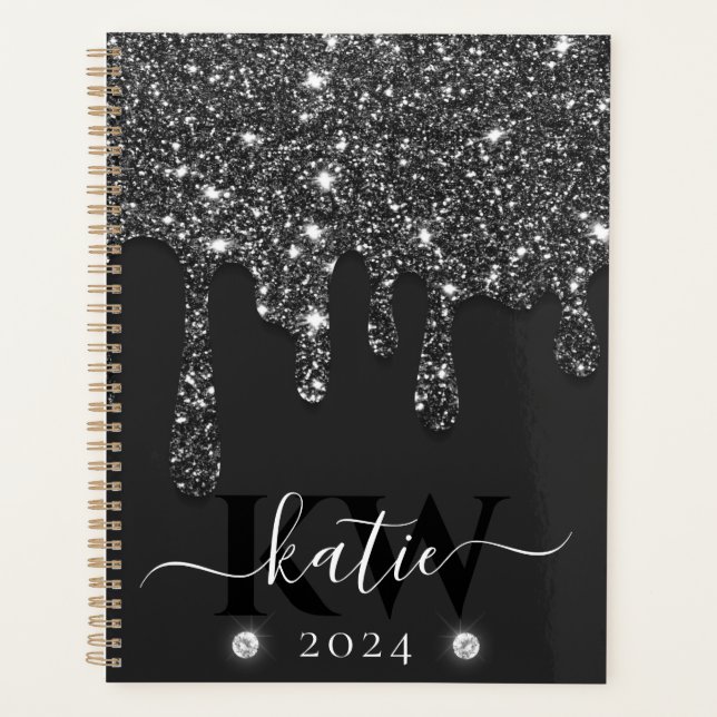 Elegant Black Dripping Glitter Monogram Planner (Front)