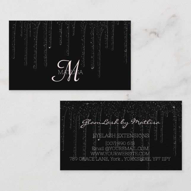 Elegant Black Dripping Monogram Glitter Salon Drip Business Card (Front/Back)