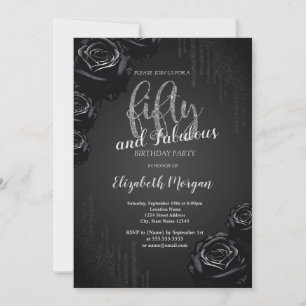 Elegant Black Drips Black Roses 50th Birthday Invitation