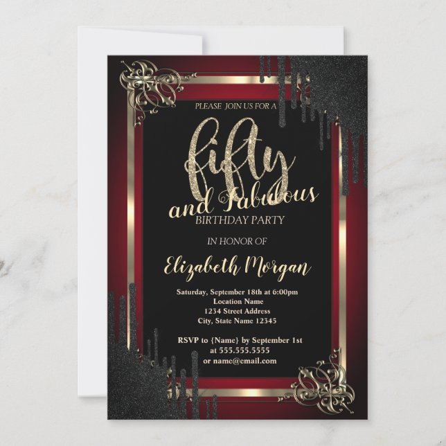 Elegant Black Drips Border Dark Red 50th Birthday  Invitation (Front)