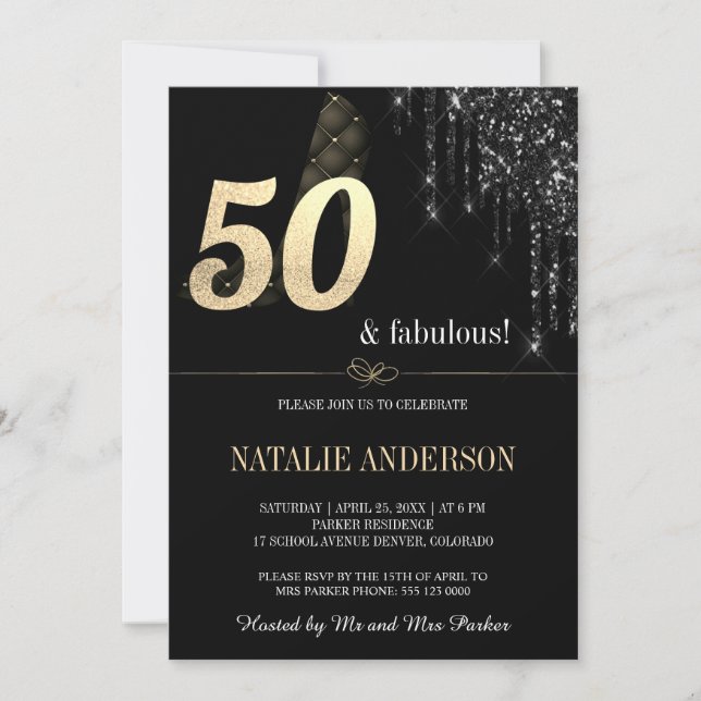 Elegant Black Dripss Gold Glitter 50th  Invitation (Front)