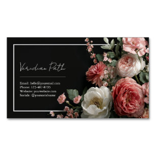 Elegant Black Dusty Rose Peony Floral Magnetic Business Card