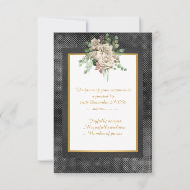 ELEGANT BLACK EMBOSSED LAYER FLORAL CUSTOM RSVP (Front)