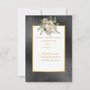 ELEGANT BLACK EMBOSSED WHITE FLORAL CUSTOM RSVP CARD
