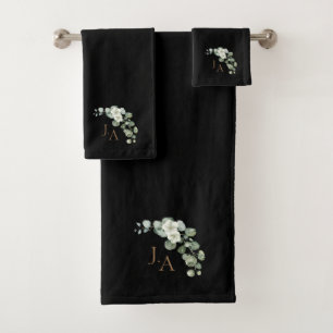 Elegant Black Eucalyptus Floral Monogram Bath Towel Set