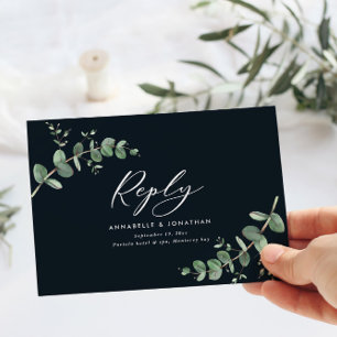 Elegant black Eucalyptus Greenery Wedding RSVP
