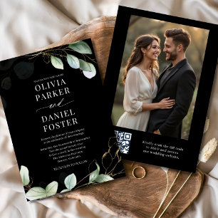 Elegant Black Eucalyptus QR Code Photo Wedding Invitation