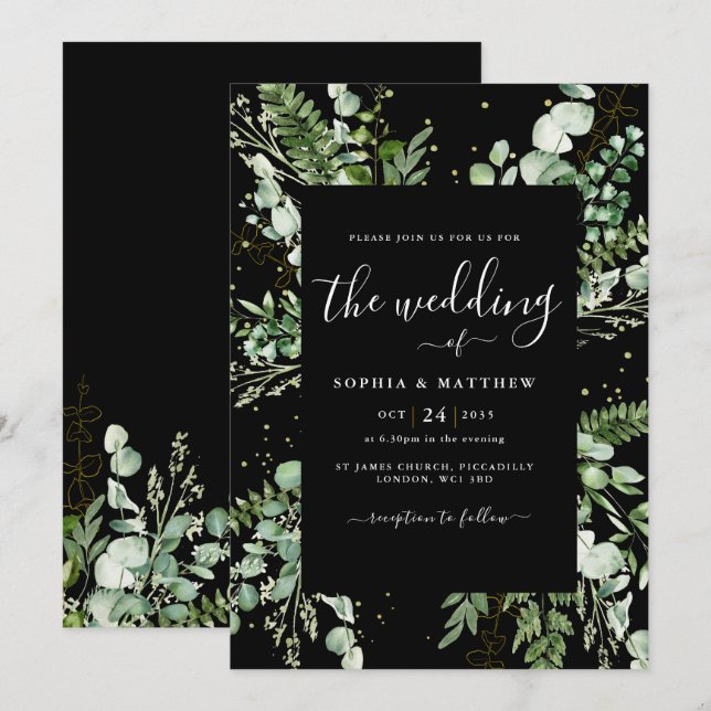Elegant Black & Eucalyptus Wedding Invitation (Front/Back)