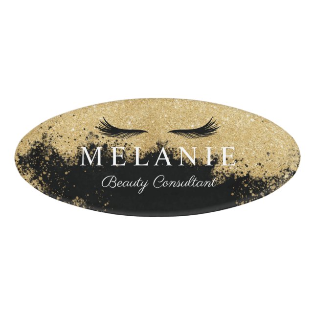 Elegant Black Eyelash Gold Glitter Cosmetologist Name Tag (Front)