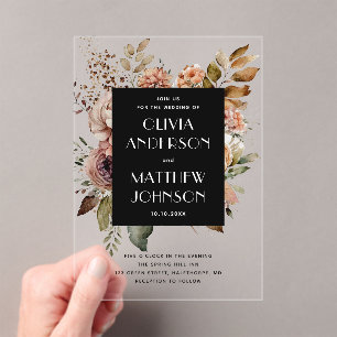 Elegant black fall boho botanical floral wedding acrylic invitations