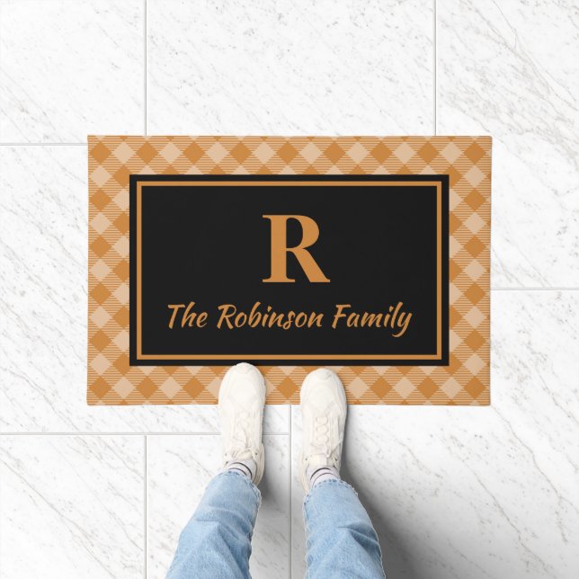 Elegant Black Fall Buffalo Plaid Custom Monogram Doormat (Indoor)