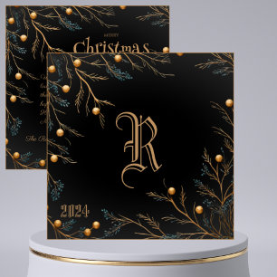 Elegant Black Family Monogram Christmas Card 