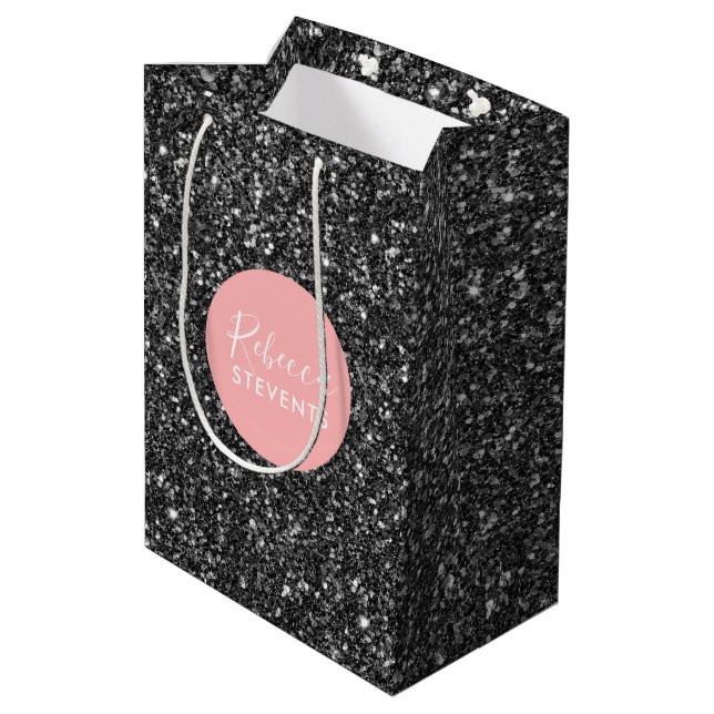 Elegant Black Faux Glitter Monogram Medium Gift Bag (Back Angled)