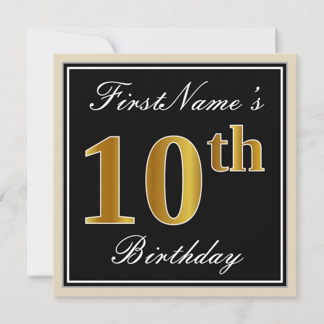 Elegant, Black, Faux Gold 10th Birthday + Name Invitation (Front)