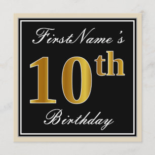 Elegant, Black, Faux Gold 10th Birthday + Name Invitation