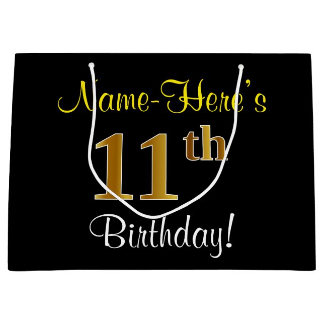 Elegant, Black, Faux Gold 11th Birthday + Name Large Gift Bag (Front)