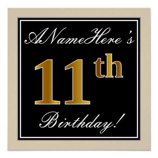 Elegant, Black, Faux Gold 11th Birthday + Name Poster (Front)