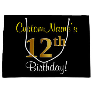 Elegant, Black, Faux Gold 12th Birthday + Name Large Gift Bag